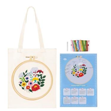 Imagem de Huacan Kit de bordado, bolsa de lona, kits de ponto cruz para adultos, bordado DIY com estampa floral, argola e instruções (flor E)