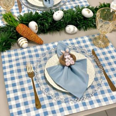 Imagem de Kit 6 Jogos Americanos com 6 Guardanapos e 6 Pg Páscoa Colorido Póa (XADREZ AZUL - GUARDANAPO AZUL BEBE - PG COELHO CHOCOLATE)