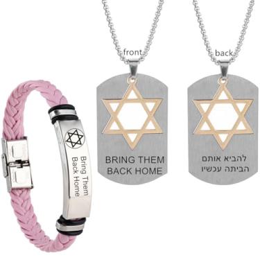 Imagem de YLYYJ Bring Them Back Home Conjunto de joias Israelense Judaica Estrela de Davi Pingente Pulseiras de Couro para Homens e Mulheres, Estrela de Davi, Colar Suporte Israel I Stand with Israel Military
