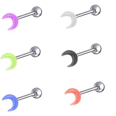 Imagem de Niaspi 6 peças de anéis de língua de lua 14G para mulheres, aço cirúrgico, acrílico, lua crescente, tachas hipoalergênicas, piercing de língua, barra, piercing corporal, Acrílico, Sem Pedra Preciosa