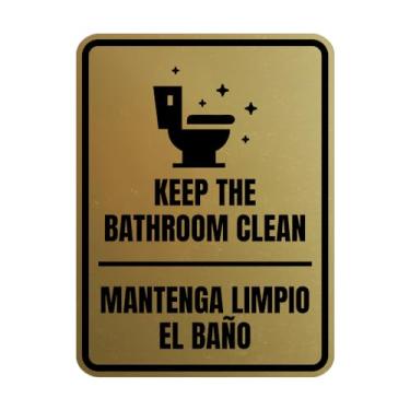 Imagem de Signs ByLITA Retrato redondo Keep The Bathroom Clean Door or Wall Sign | Sinais espanhóis bilíngues de higiene de banheiro de escritório e negócios (ouro escovado) - Pequeno
