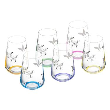 Imagem de Barski Copos duplos à moda antiga - com estampa de borboleta - conjunto de 6 - cores sortidas na parte inferior do vidro Feito na Europa - Cada copo tem 510 g.