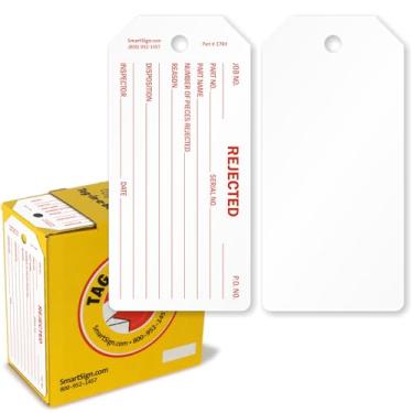 Imagem de SmartSign Pacote com 100 etiquetas QC rejeitadas, etiquetas escritas em caixa dispensadora, campos em branco para detalhes de inspeção de itens, 15,9 cm x 7,6 cm, plástico de 10 mm, impermeável,