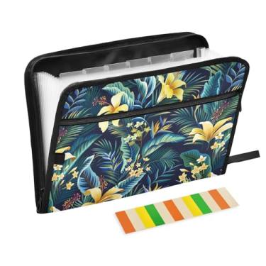 Imagem de Pastas de arquivo de palma Hibiscus Plumeria, pastas de plástico com 13 bolsos, pasta de arquivos expansível para documentos, escola, estudantes, escritório, pasta de estética com etiquetas tamanho