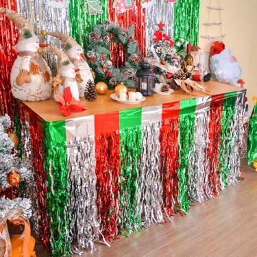 Imagem de LOLStar Decorações de festa de Natal, pacote com 4 saias de mesa com franja de folha metálica ondulada vermelha, prata e verde, para mesas retangulares e redondas, decorações de mesa perfeitas para