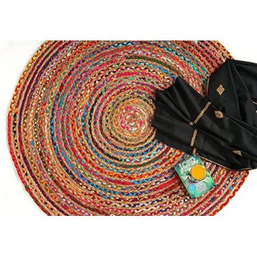 Imagem de GRUHUM Tapete redondo de juta de algodão 2,4 m de fibra natural redondo colorido feito à mão tapete de área de juta macio trançado rústico vintage - interior ao ar livre cozinha quarto sala corredores entradas