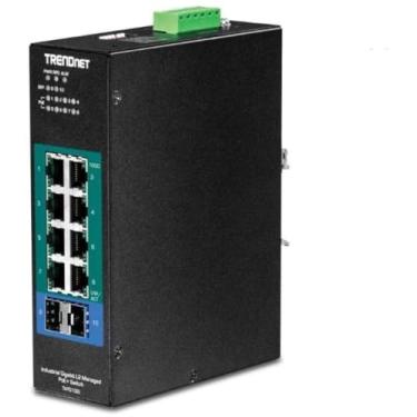 Imagem de Interruptor industrial Gigabit PoE+ DIN-Rail da Trendnet de 10 portas, TI-PG102, 8 portas Gigabit PoE+, suporte de trilho DIN, 2 compartimentos SFP, 240 W PoE Power Budget, Interruptor de rede, IP30, VLAN, QoS, Proteção vitalícia, Camada 2, 10 Port