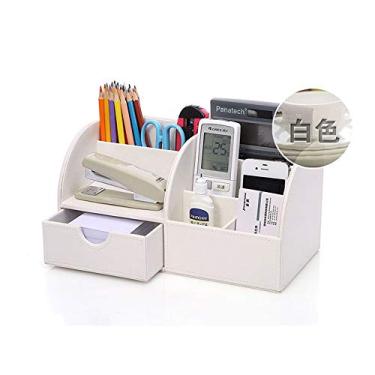 Imagem de Porta-lápis de couro com gaveta, organizador multifuncional para mesa de escritório, artigos de papelaria, caixa de armazenamento, para decoração de mesa de escritório (branco)