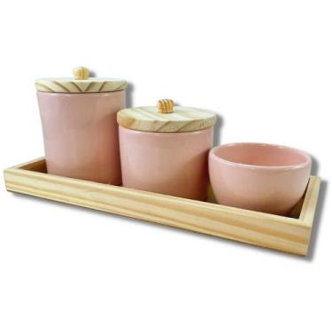 Imagem de kit higiene porcelana com bandeja e tampa de madeira - DecorLi, Rosa