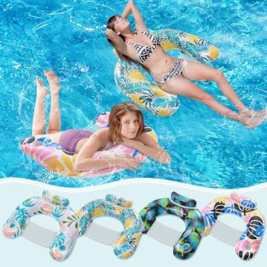Imagem de ANNIL 【Pacote com 4】 Cadeira inflável de piscina para adultos, cadeira flutuante inflável para lazer aquático, suporte de bebida, encosto de cabeça ergonômico, boias de piscina para adultos, festa na