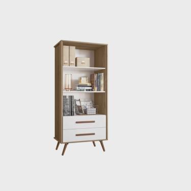 Imagem de Estante Livreiro Retrô Com 2 Gavetas Carvalho Branco Qmovi