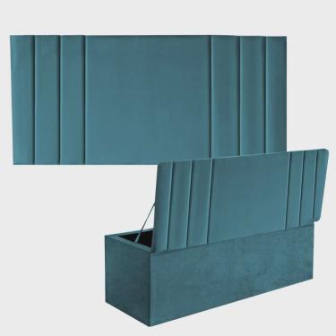 Imagem de Kit Painel Cabeceira Estofada e Calçadeira Baú Recamier Grécia 160cm Queen Size Suede A...