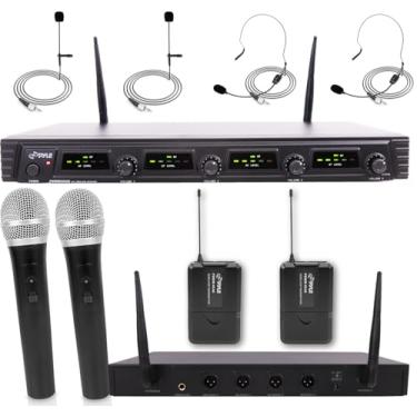 Imagem de Pyle, Sistema de microfone sem fio de 4 canais - conjunto de áudio UHF portátil com 2 fones de ouvido, 2 fones de ouvido, 2 microfones de lavalier, 2 transmissores, 8 pilhas AA", adaptador de energia