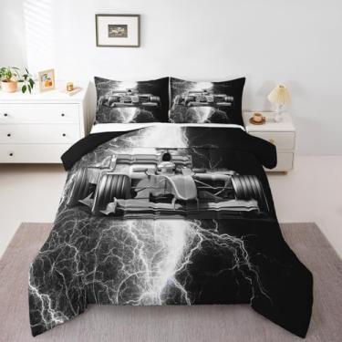 Imagem de Erosebridal Conjunto de edredom casal, carro de corrida, branco e preto, para decoração de quarto de crianças e adolescentes, conjunto de cama de carro esportivo com 2 fronhas