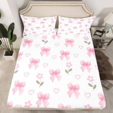 Imagem de Manfei Jogo de cama casal com laço rosa, coração de flor, desenho animado com laço e 2 fronhas, decoração de quarto de princesa, roupa de cama de poliéster macio (sem lençol de cima)