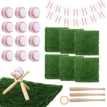 Imagem de FineCheer Kit de decoração de festa de beisebol com 25 peças, inclui tapetes de grama artificial, mini bola, suporte de taco de beisebol, decoração de banner para lembrancinhas esportivas DIY