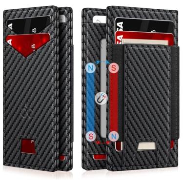 Imagem de SEMORID Carteira masculina fina de couro para 9 a 13 cartões, carteira fina com bloqueio de RFID com janela para identidade e compartimento para dinheiro elástico, carteira pequena minimalista