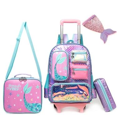 Imagem de HTgroce Mochila escolar com rodinhas para meninas de 5 a 12 anos, 4 peças, roxo, 4 peças - roxo