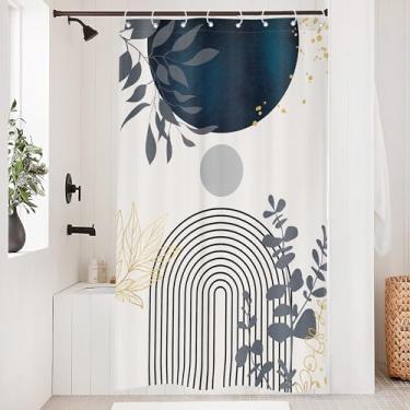 Imagem de Riyidecor Cortina de chuveiro azul marinho pequena tenda estreita boho moderna para decoração de banheiro 48Lx72H meados do século folhas de palmeira arte minimalista tecido impresso poliéster