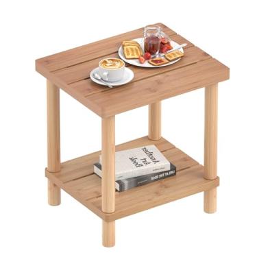 Imagem de LEJANEOYE Mesa lateral externa, mesa pequena de 2 camadas para pátio, mesas laterais Adirondack para ambientes externos ou internos, mesa de canto de bambu para piscina, varanda, resistente ao clima