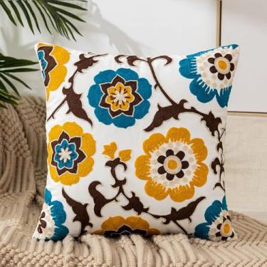 Imagem de WONDERFUL LIFE Capa de almofada bordada 45,7 cm x 45,7 cm, lona de algodão floral decorativa para sofá almofada quadrada almofada para quarto sofá fazenda estética (A002)