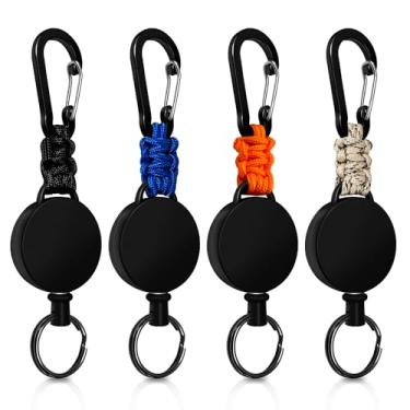 Imagem de Porta-chaves retrátil de 4 peças, cabo de aço retrátil 60 cm, porta-chaves de mosquetão com clipe Paracord, mosquetão de carretel (preto bege azul laranja)