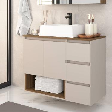 Imagem de Gabinete Banheiro Suspenso 80cm Vitória com 02 Portas 03 Gavetas e Nicho com Cuba Mel/Arenas