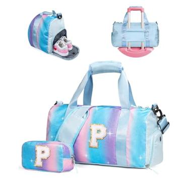 Imagem de Vogewood Presente para filhas, meninas, meninas, bolsa de ginástica com compartimento para sapatos, bolsas de fim de semana personalizadas para crianças, bolsa de viagem inicial com bolsa de maquiagem