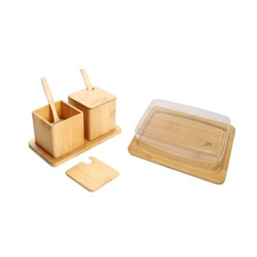 Imagem de Manteigueira Porta Condimentos Saleiro Bambu com Bandeja