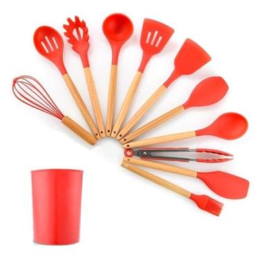 Imagem de Kit de Utensílios de Cozinha, 12 Peças com Suporte, Silicone e Madeira, Vermelho, Colheres e Espátulas para Cozinha