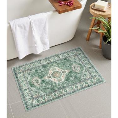 Imagem de Seavish Tapetes de banheiro boêmios verdes, tapete de banho absorvente oriental vintage, 45,7 x 66 cm, antiderrapante, pequeno, lavável à máquina, tapete de banheiro para pia e chuveiro, tapete de