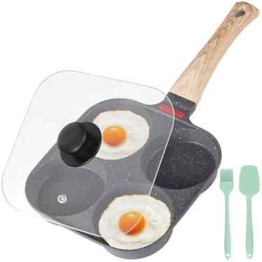 Imagem de Varku Frigideira antiaderente para 4 ovos, frigideira pequena de liga de alumínio com tampa, design quadrado de 19 x 19 cm, cabo longo de grão de madeira, inclui espátula de silicone e escova