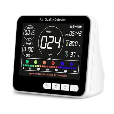 Imagem de Monitor interno de qualidade do ar 14 em 1 com alarme sonoro, 6 detectores de qualidade do ar AQI com PM1.0|PM2.5|PM10|HCHO|TVOC|AQI|Temperatura|Umidade|Tempo para casa, hotel, escritório, carro