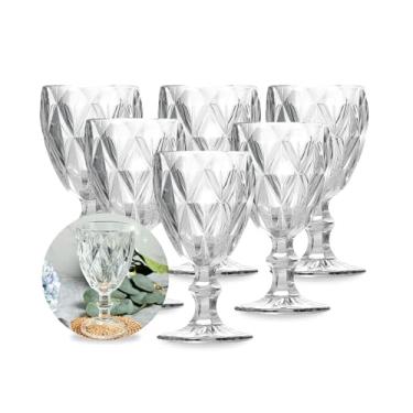 Imagem de Jogo 6 Taças Diamond Água Vinho Vidro Transparente 260ml Alto Relevo Casa Cozinha