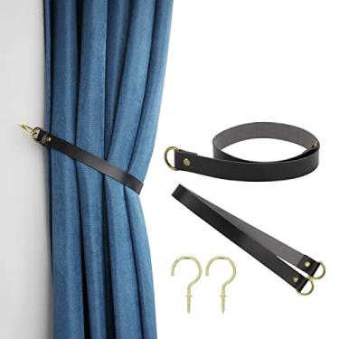 Imagem de Brosay Amarrações De Cortina Couro, Vintage Para Cortinas Externas, Puxador Com 2 Ganchos Metal, Prendedores Cortinas, Escritório, Casa, Sala Estar, Quarto, Peças (Preto, Estreito)