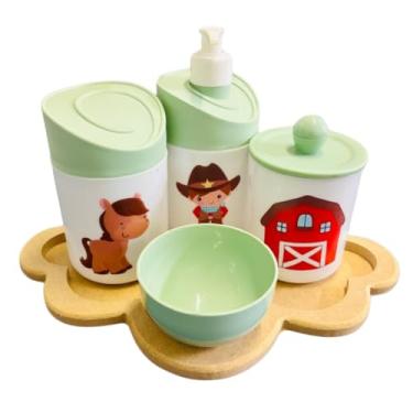 Imagem de Kit Higiene Baby Cowboy Menino c/bandeja em MDF (Nuvem crua/verde)