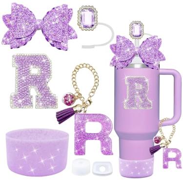 Imagem de Conjunto de acessórios de copo Stanley roxo de 7 peças, decorações de iniciais para Stanley Cup 850.5 g 1,134 g, inclui cobertura de canudo de joia, tampa à prova de derramamento, pingente de alça