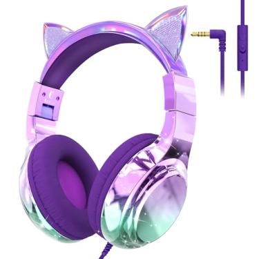 Imagem de QearFun Fones de ouvido infantis de gato com cabo para meninas com microfone, limitador de volume seguro de 85/94 dB, porta compartilhada, fone de ouvido com fio brilhante dobrável para escola, viagem