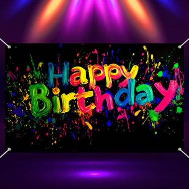 Imagem de HOMETITUTE Banner neon feliz aniversário pano de fundo decorações neon para festa que brilha no escuro cenários de fotografia 180 x 109 cm colorido grafite respingo tinta infantil suprimentos de