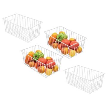 Imagem de Recipiente organizador de freezer de 40,6 cm x 30,5 cm x 30,6 cm de altura, compartimentos de armazenamento de fio metálico para geladeira com alças para cozinha, despensa, armário, armários - branco pérola (4 unidades)