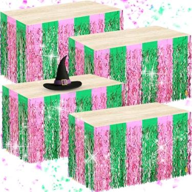 Imagem de Oudain Decorações de festa rosa e verde, pacote com 4 saias de mesa com franjas metálicas onduladas com tema rosa verde para decoração de festa de aniversário retangular e redonda