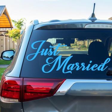 Imagem de Timtin Adesivos de vinil para carro Just Married Decorações de carro de casamento decalques removíveis para janela de porta de janela para lua de mel, suprimentos de festa de aniversário de casamento