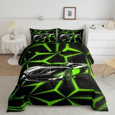Imagem de meiyoeat Jogo de cama solteiro de carro esportivo de corrida, para meninos e meninas, adolescentes, geométrico, verde, para decoração de quarto, 1 edredom com 1 fronha