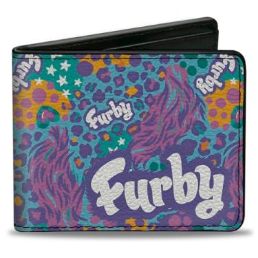 Imagem de Buckle-Down Carteira Furby, dobrável, logotipo do título Furby, estampa de pele azul roxo e branco, couro vegano, Multicor, 4.0" x 3.5", Casual