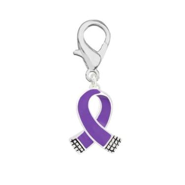 Imagem de Pingentes de fita roxa para pendurar no coração e em forma de fita para Alzheimer, doença de Crohn, lúpus, fibromialgia e conscientização do câncer de pâncreas - Perfeito para pulseiras, bolsas