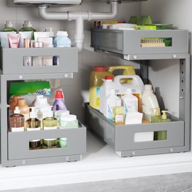 Imagem de Pacote com 2 organizadores e armazenamento sob a pia, organizador de armário de 2 camadas de grande capacidade com trilhos de tubo atualizados, gavetas deslizantes de altura ajustável, prateleiras de