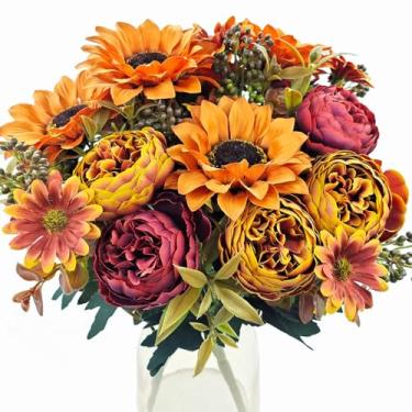Imagem de Guagb 3 peças de flores artificiais para mães de outono, buquê de seda, girassóis falsos, florais, falsos, arranjos de mãe, casa, interior, exterior, decoração, festa, casamento, mesa de outono