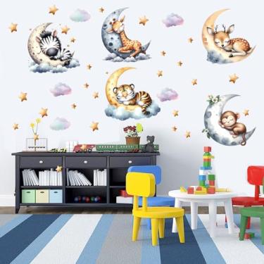 Imagem de Decalques de parede de animais da selva para berçário – Adesivos de animais de safári removíveis para quarto de bebê, quarto infantil e sala de jogos – decoração de parede de animais de lua e estrelas
