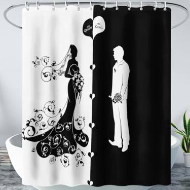 Imagem de AILONEN Conjunto de cortina de chuveiro preto e branco, cortina de banheiro estampada rei e rainha para homens, mulheres, noiva, amor romântico, impermeável, cortina de chuveiro com ganchos para