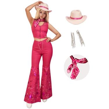 Imagem de Cosplay.fm Fantasia de vaqueira feminina anos 70, 80, hippie, discoteca, colete com chapéu de caubói e clipes de orelha, rosa, G